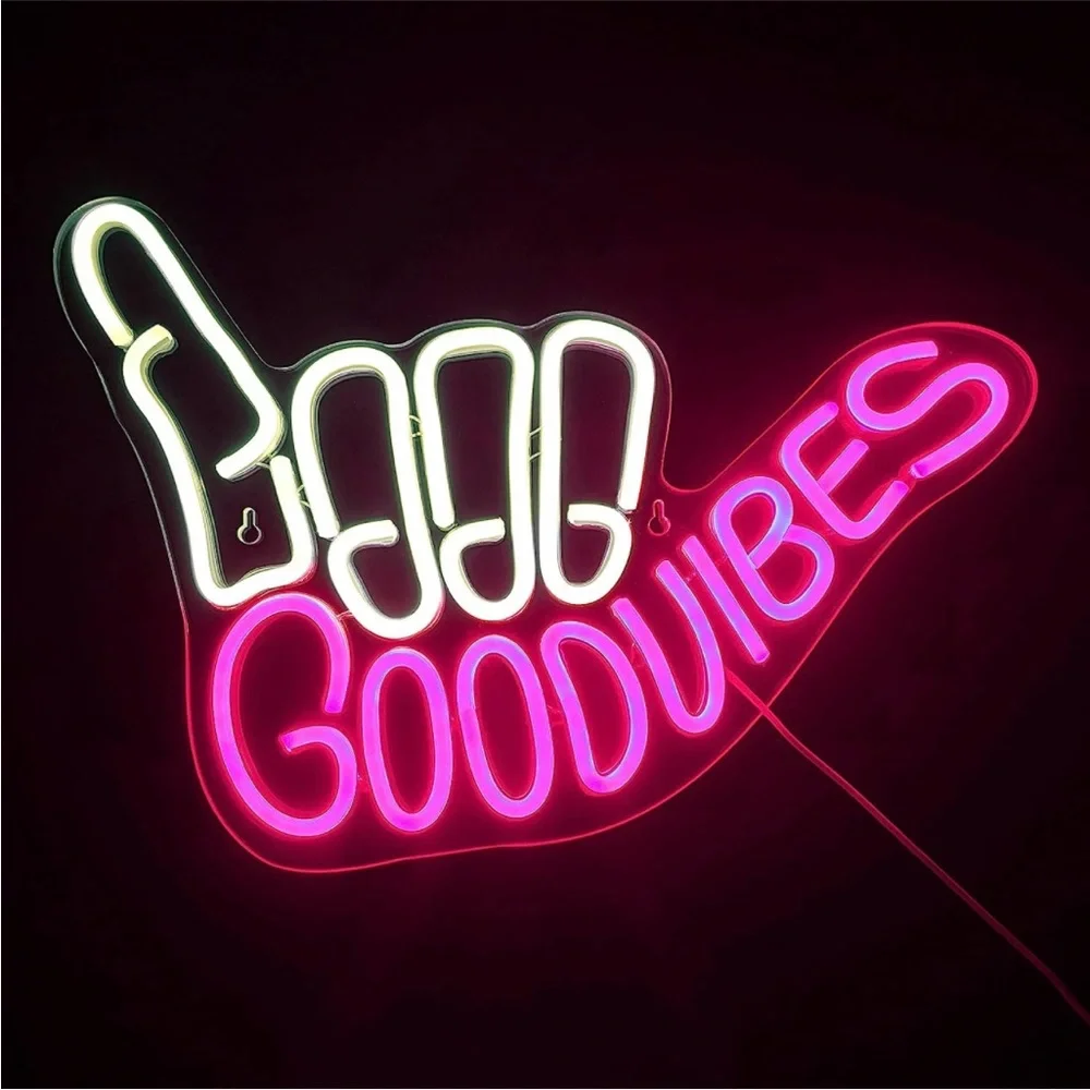 Neon Sign Good Vibes Rainbow Hippie Retro 90's Party Birthday Room Light Decor